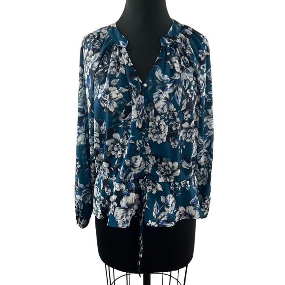 PARKER Blue White Top Floral Puff Sleeve Pleated Drawstring Split Neck Size XS - Picture 1 of 10